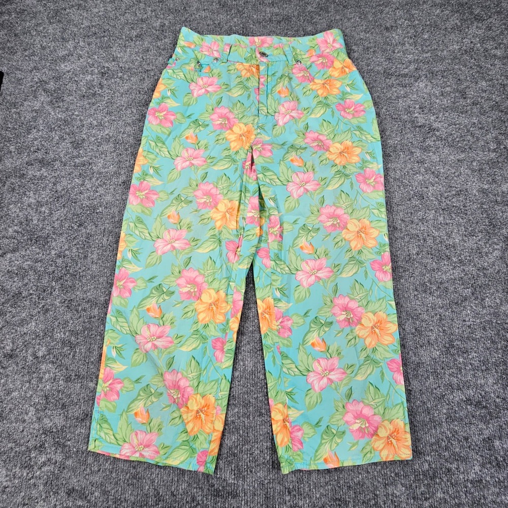 Lauren Ralph Lauren Petite Floral Crop Pants Turquoise Pink 4P Cotton Spandex